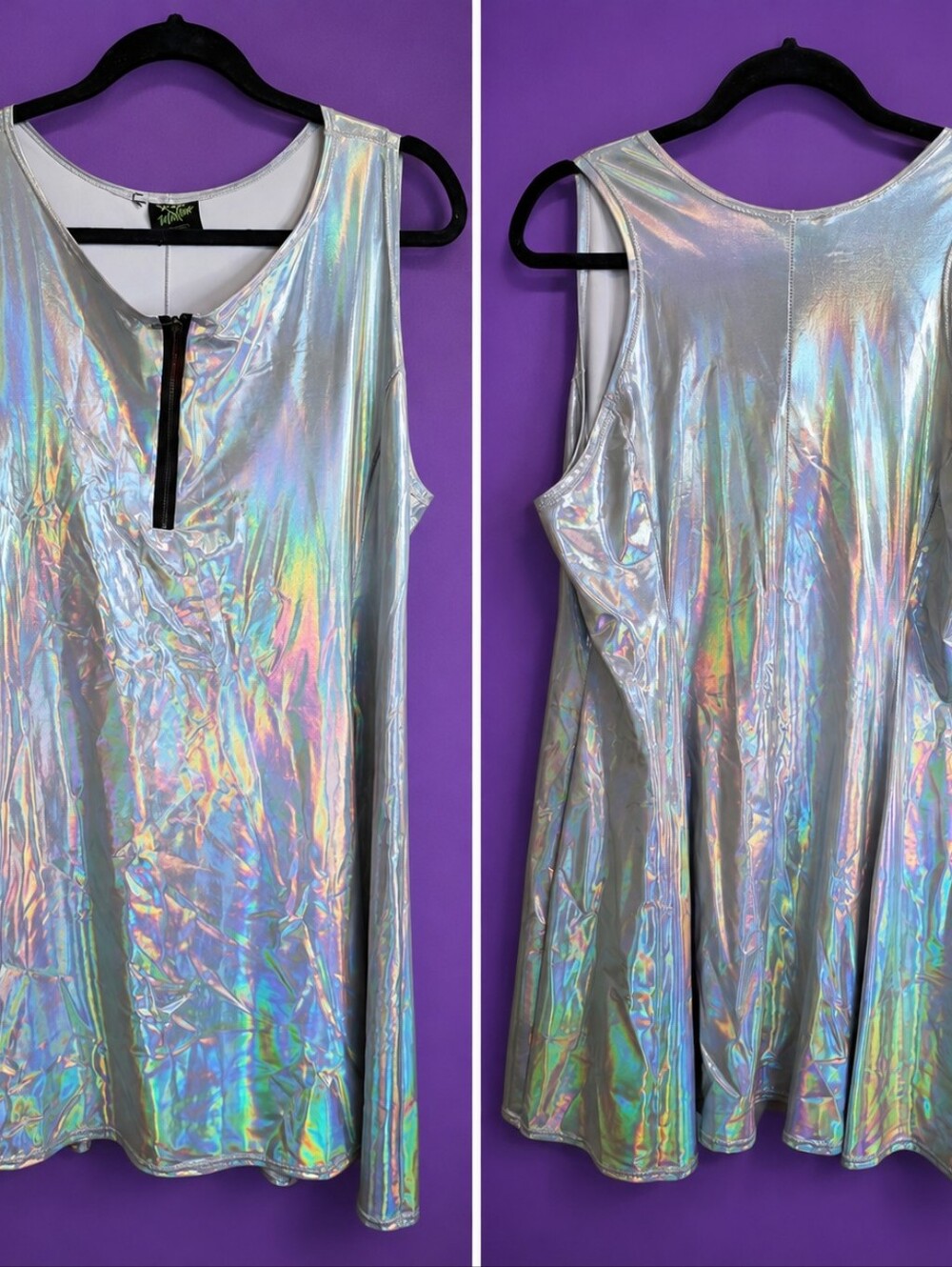 Gin Martini Silver Holographic Sleeveless Zip-Front Dress